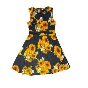 SSLR Women's Sunflower Print Fit and Flare Dress - Party, Casual, Medium